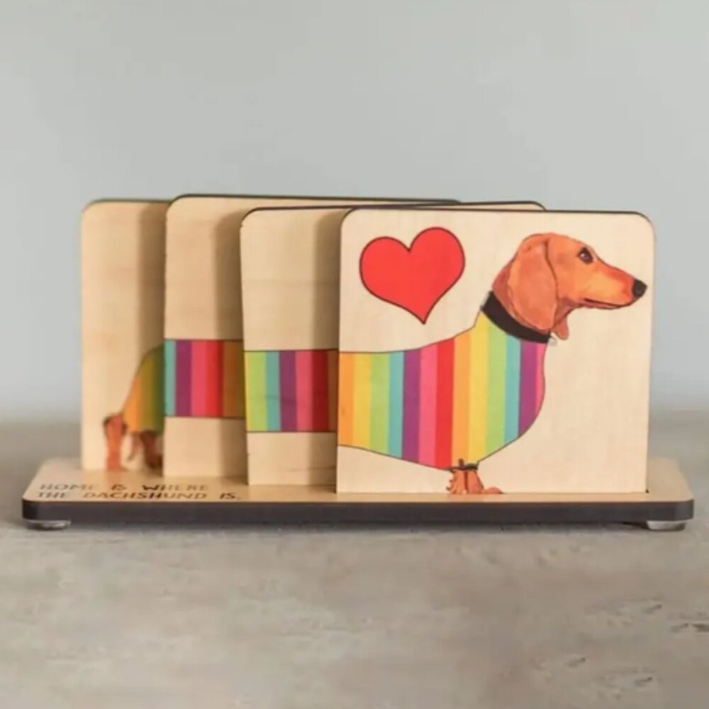 Wooden Dachshund Coaster Set - 4 Coasters and stand